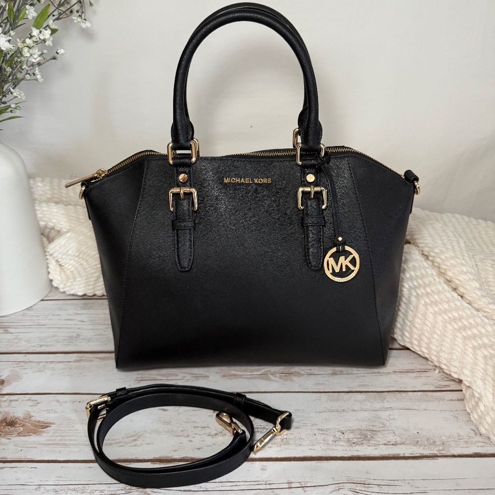 Michael Kors - Ciara Large Satchel (Black/Gold) - Boutique - Like New